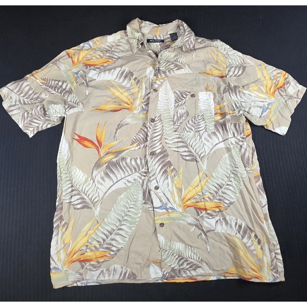 Puritan Mens Large Hawaiian Shirt Bird of Paradise Floral Tropical Rayon Tan L - Picture 1 of 11